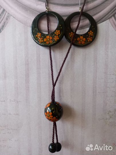 Ожерелье и серьги Из дерева расписной Русская Крас