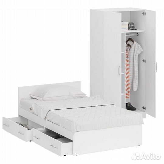 Кровать белая односпальная с ящиками 1200 со шкафом для одежды 2-х створчатым Стандарт, цвет белый