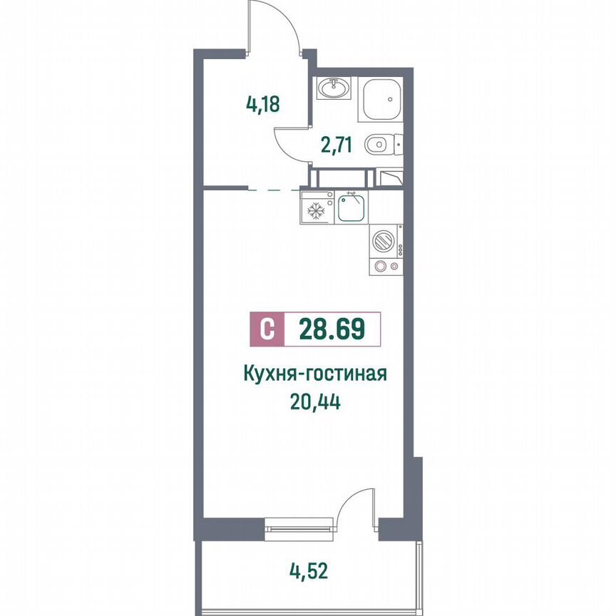 Квартира-студия, 28,7 м², 14/16 эт.