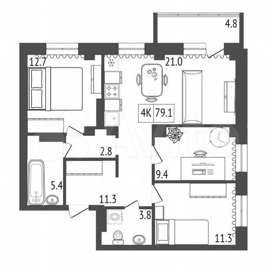 4-к. квартира, 79 м², 13/19 эт.