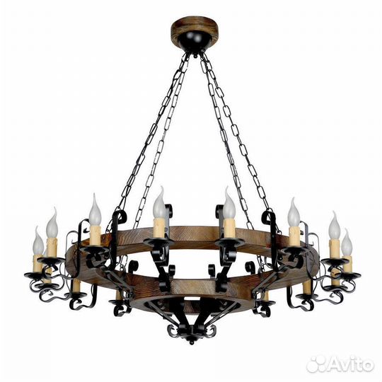 Люстра подвесная колесо деревянная с ковкой
