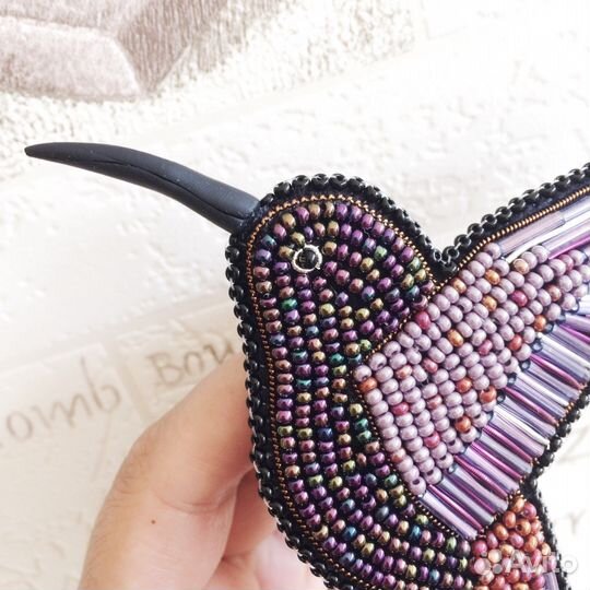 Брошь колибри фиолетовая