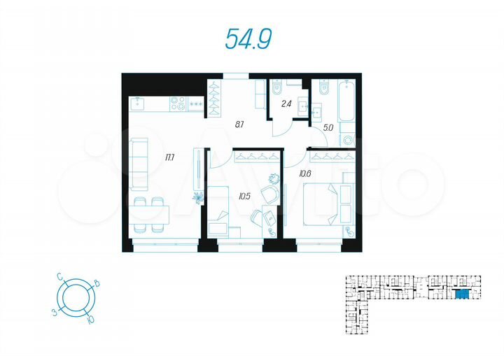 2-к. квартира, 54,9 м², 2/24 эт.