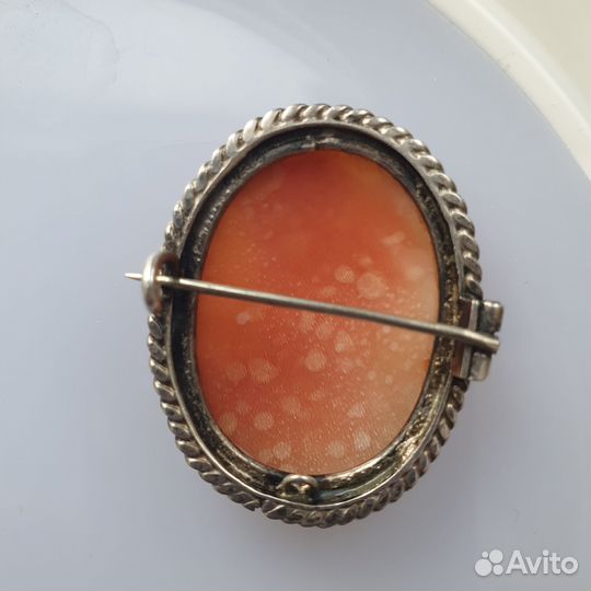 Антикварная брошь Камея раковина сереб Англия