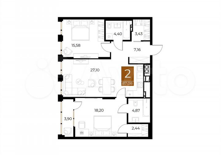 2-к. квартира, 87,1 м², 4/8 эт.