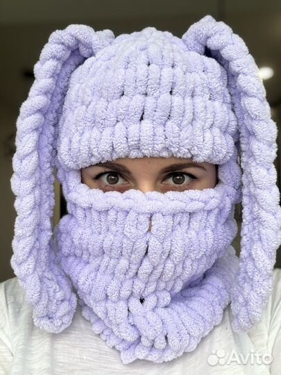 Шапка снуд балаклава зайчик сиреневая