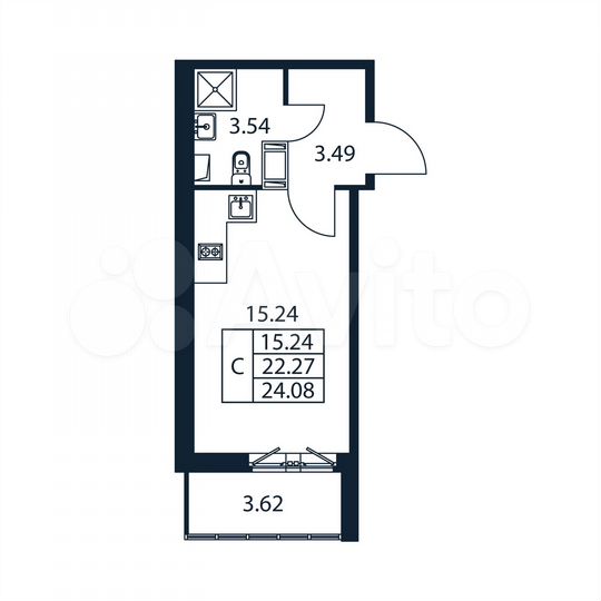 Квартира-студия, 24,1 м², 2/12 эт.