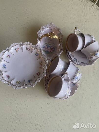 Розовый фарфорс позолотой Чешский кофейный сервиз