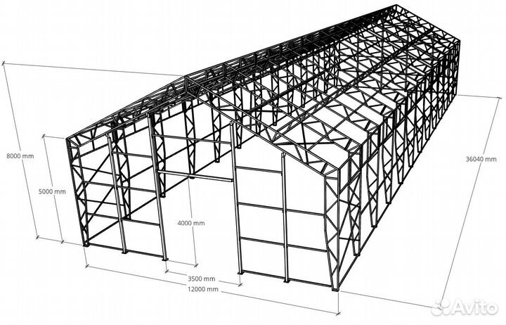 Тентовый ангар 12х36м высота в коньке 8м