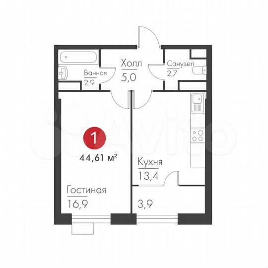 1-к. квартира, 44,3 м², 9/19 эт.