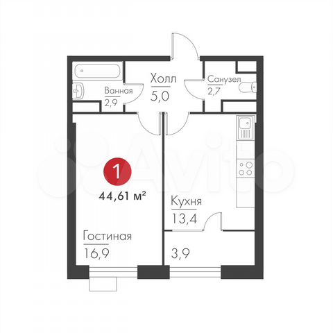 1-к. квартира, 44,3 м², 9/19 эт.