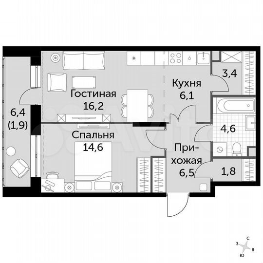 2-к. квартира, 55,1 м², 1/16 эт.
