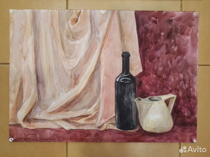 Акварель картина натюрморт на зелёном фоне