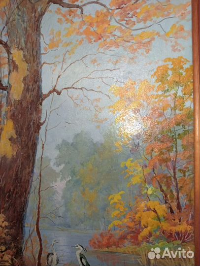 Цапли осенью.Картина маслом на двп