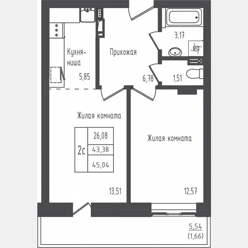 1-к. квартира, 45 м², 2/5 эт.