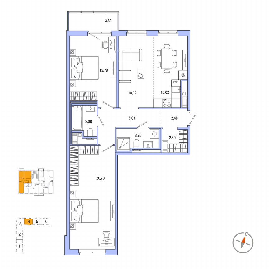 2-к. квартира, 74,1 м², 3/7 эт.