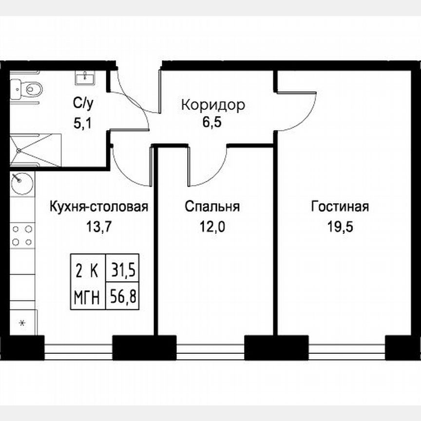 2-к. апартаменты, 56,8 м², 6/30 эт.
