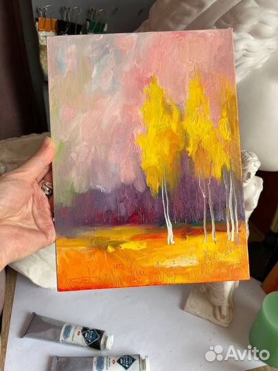 Картина с пейзажем осень утро березы масло холст