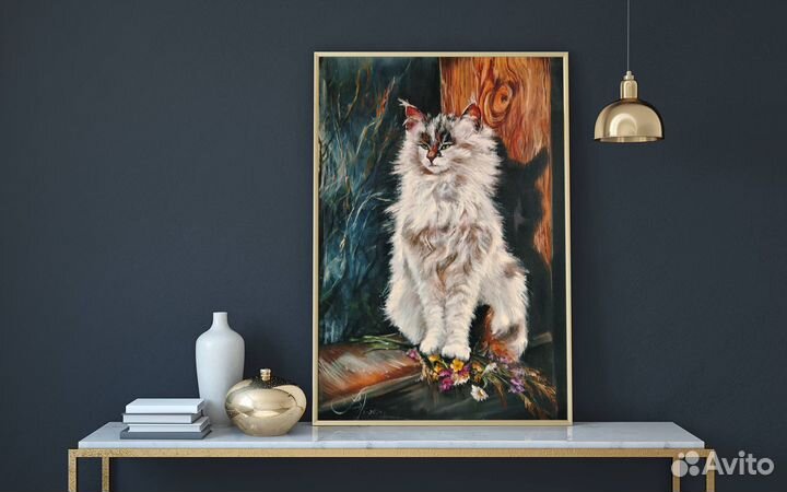 Белый кот картина маслом на холсте 40х60 см