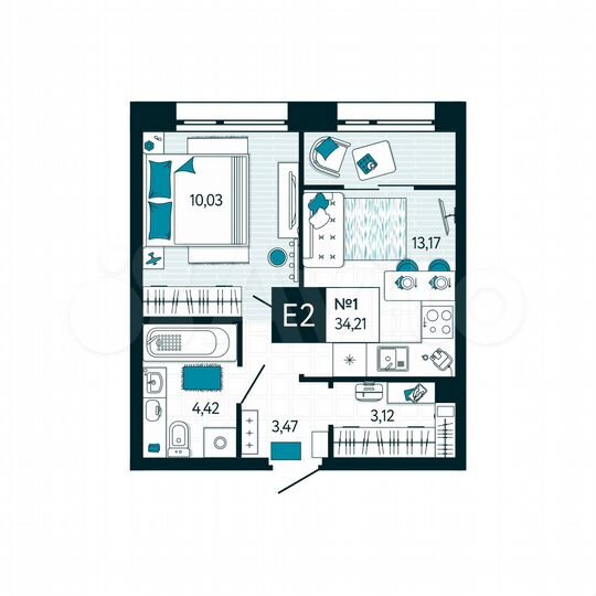 1-к. квартира, 34,2 м², 1/15 эт.