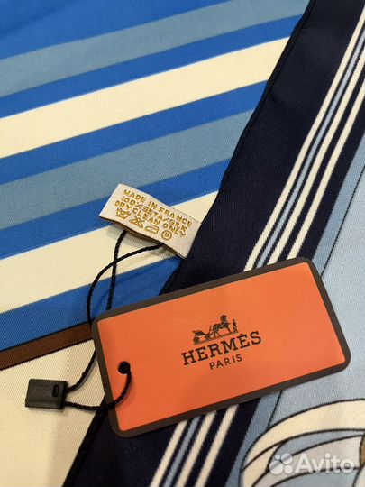 Шелковый платок шаль Hermes синий с голубым