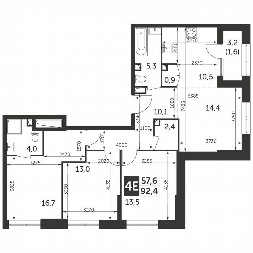 3-к. квартира, 92,4 м², 12/12 эт.