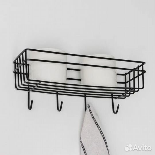 Одноярусная Черная Полка для ванной /бани 4 крючка