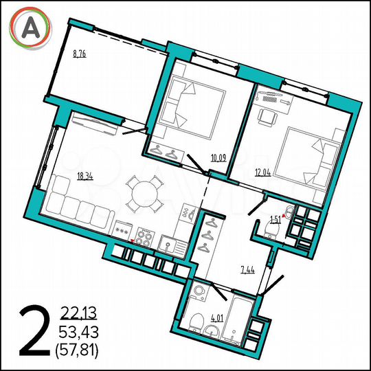 2-к. квартира, 57,9 м², 5/16 эт.