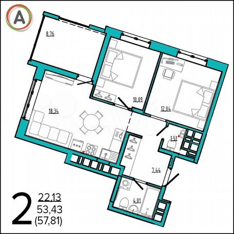 2-к. квартира, 57,9 м², 5/16 эт.