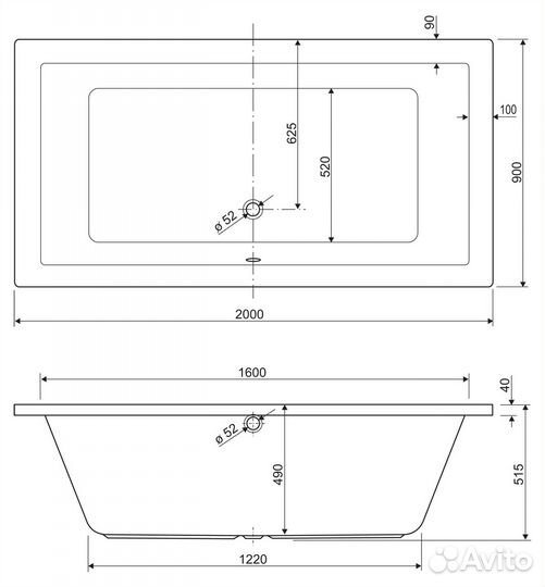 Акриловая ванна cezares plane-200-90-49-W37