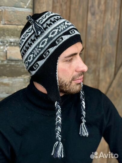 Мужская шапка Перу шерсть альпака Чульо двусторонняя цвет серо-черный