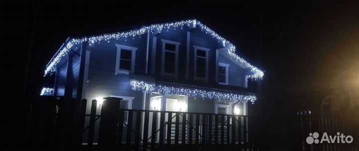 Украшение домов гирляндами, подсветка дома лентой