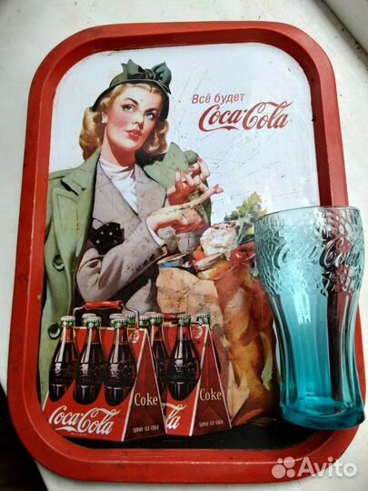 Винтаж Поднос и стакан coca cola б/у