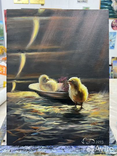 Картина маслом на холсте цыплята