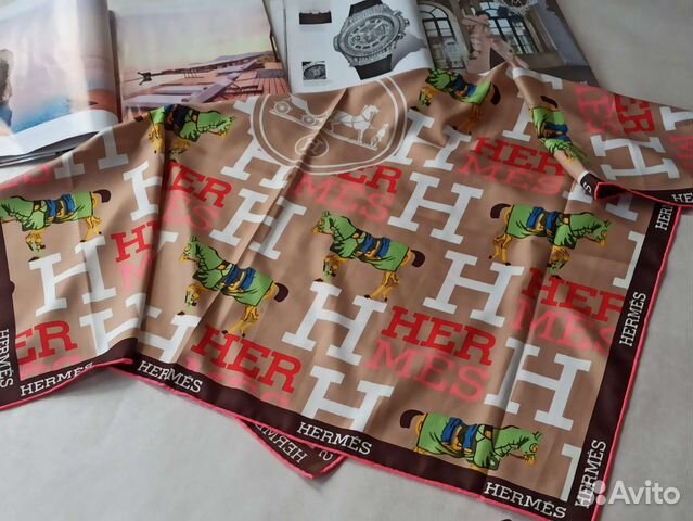 Платок Шелковый Hermes бежевый ручная подгибка