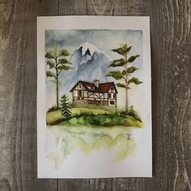 Картина акварель "Домик в горах"