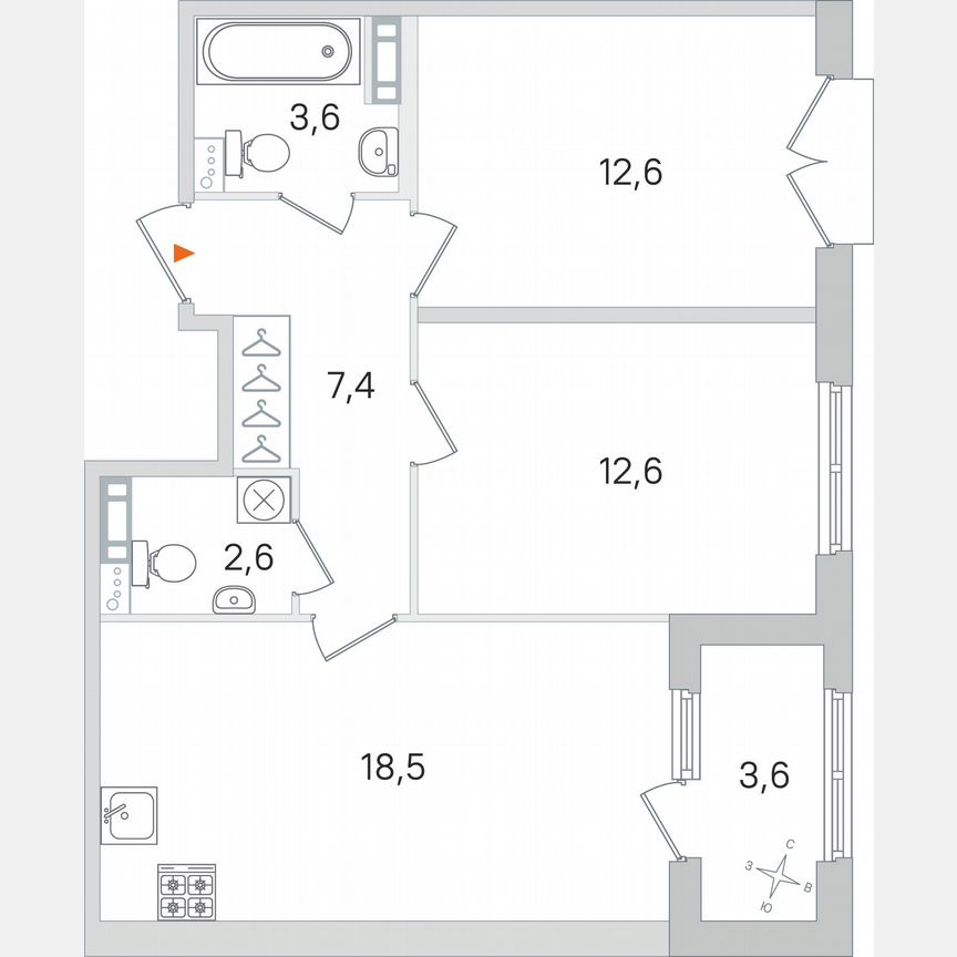 2-к. квартира, 59,1 м², 3/4 эт.
