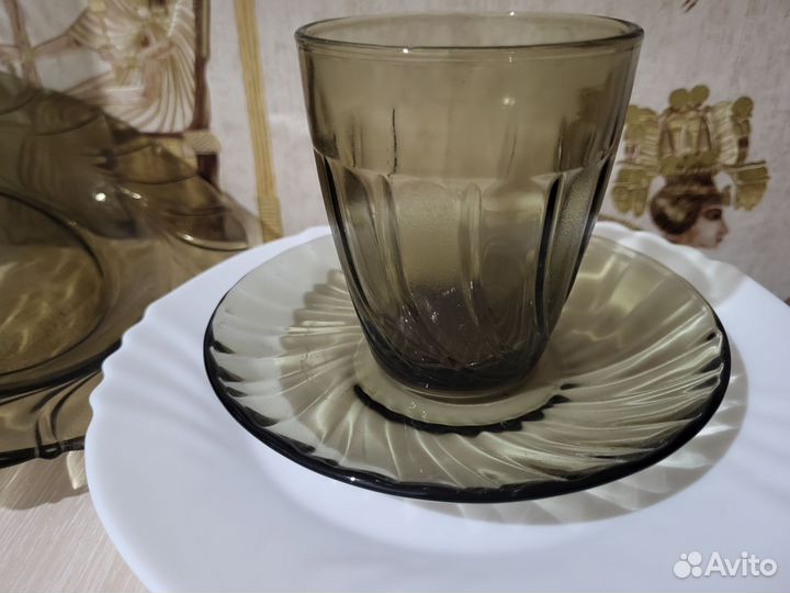 Чашка чайная блюдце стакан Франция дымчатое и икея