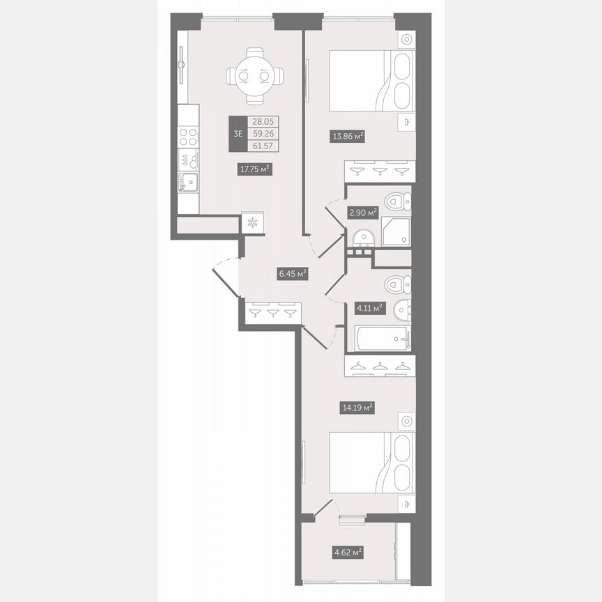 2-к. квартира, 61,6 м², 8/10 эт.