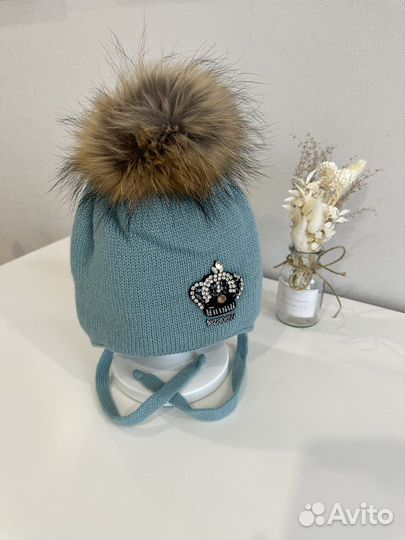 Шапка новая шерстяная с мехом енота зима 2-3-4года
