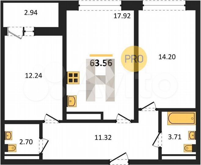 2-к. квартира, 63,6 м², 17/25 эт.