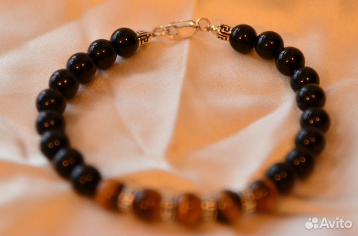 Браслет из агата, тигрового глаза и серебра 925