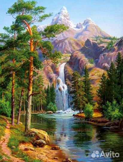 Алмазная мозаика 40x50 Водопад в сосновом лесу