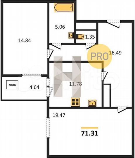 2-к. квартира, 71,3 м², 5/25 эт.