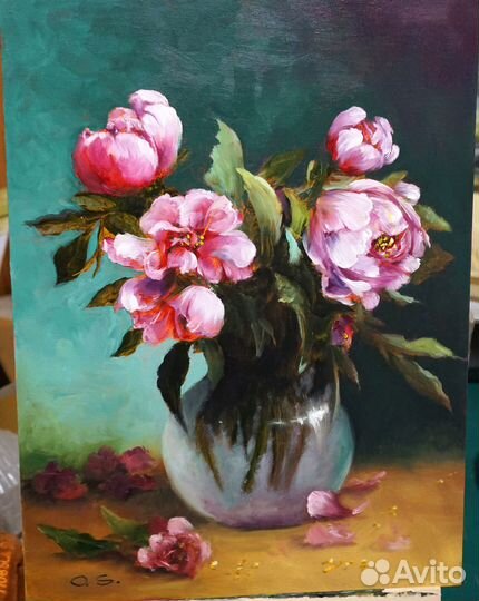 Картина маслом цветы пионы в вазе