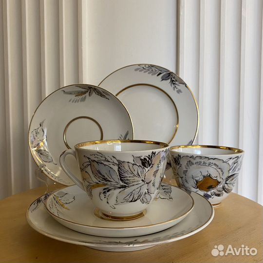 Чайные пары трио лфз СССР жемчужный