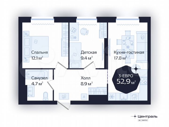 2-к. квартира, 52,9 м², 7/16 эт.