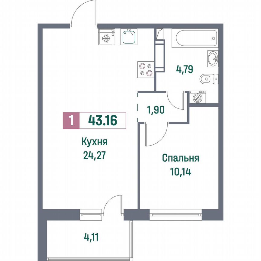 1-к. квартира, 43,2 м², 2/16 эт.