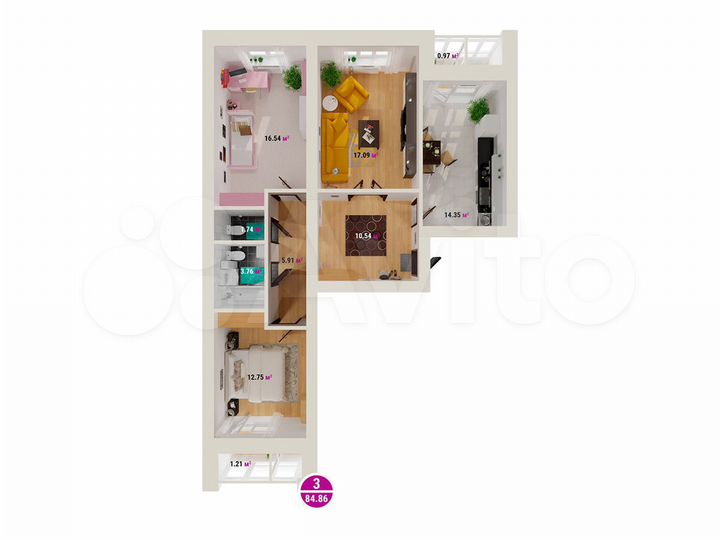 3-к. квартира, 84,9 м², 1/6 эт.