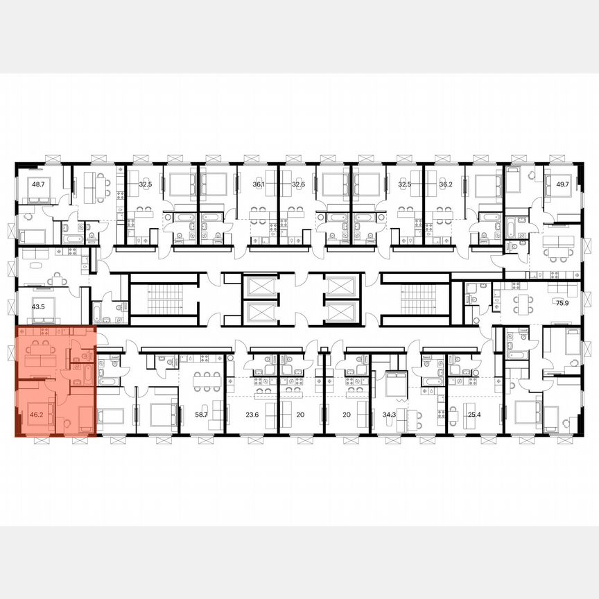 2-к. квартира, 46,2 м², 19/25 эт.